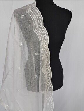 Elegant White Cotton Embroidered Scalloped edge Dupatta